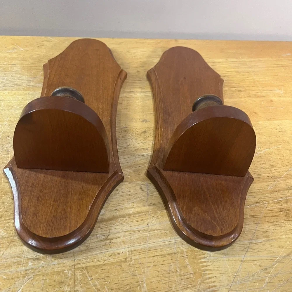 Vtg Pair Wood Wall Sconces Taper Candle Holders Brown Colonial Rustic 14